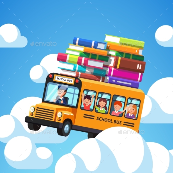 School Bus with Driver and Kids Riding - People Characters