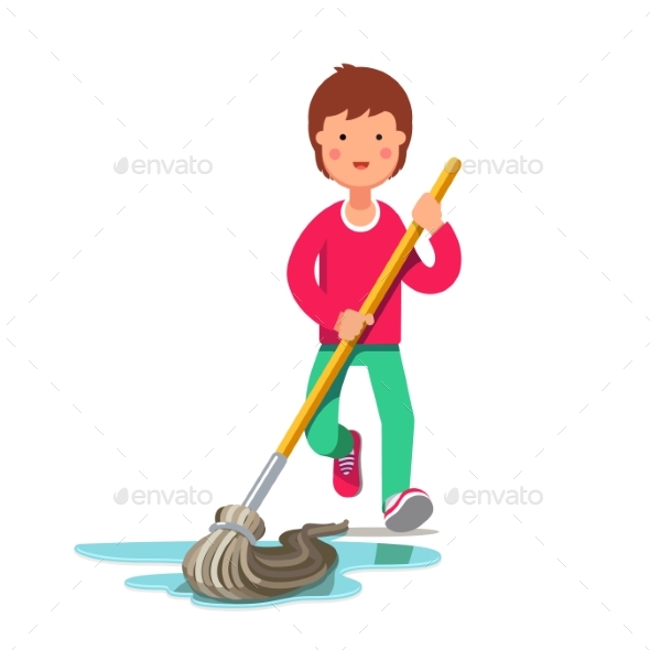 Kid Cleaning Floor with Dust Mop Wet Broom - People Characters