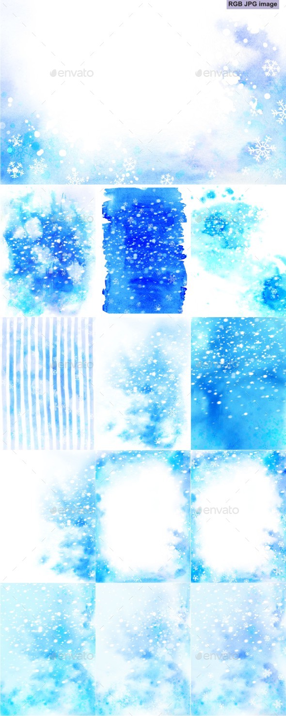 Blue Christmas Watercolor Backgrounds Set with Snowflakes