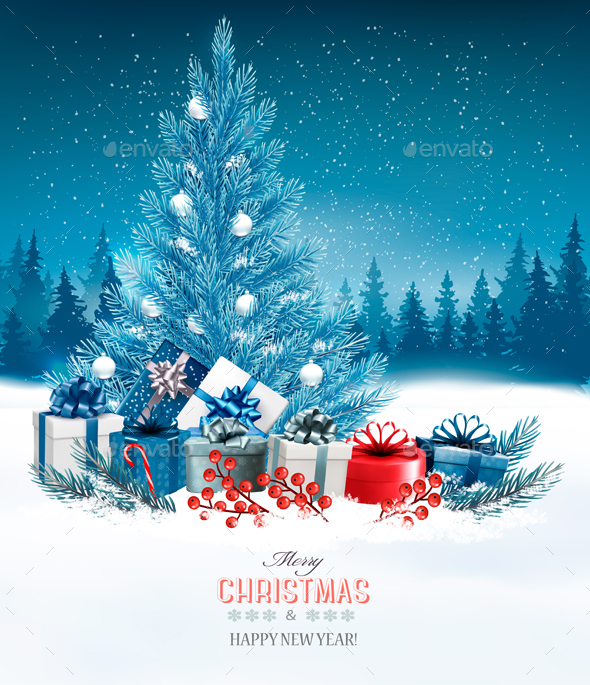 Holiday Background with a Christmas Tree and Presents - Christmas Seasons/Holidays