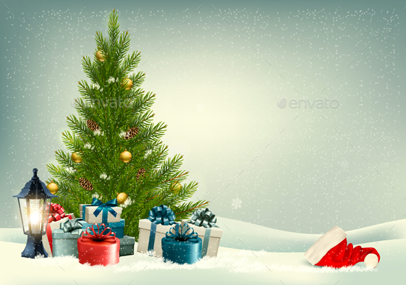 Christmas Retro Background with Tree Vector - Christmas Seasons/Holidays