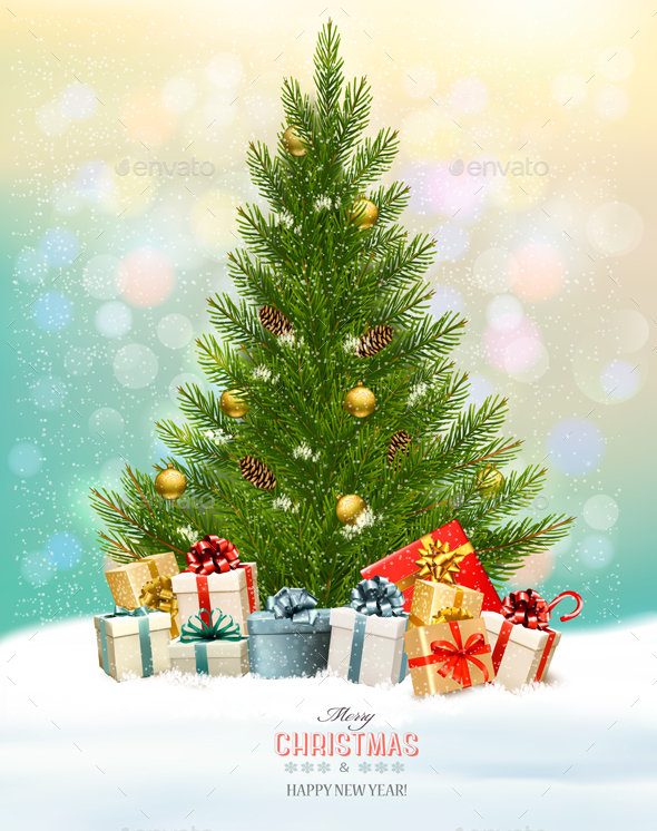Christmas Holiday Background With Presents And Tree. Vector - Christmas Seasons/Holidays
