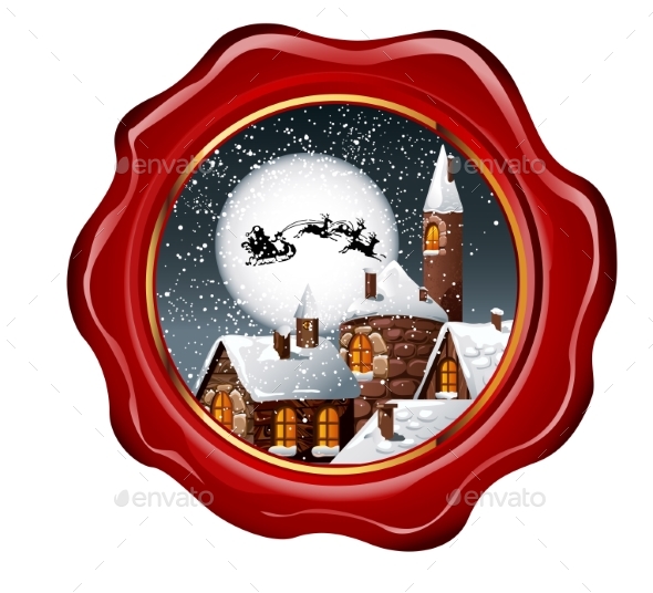Christmas Illustration of Wax Seal with Snowy Town - Christmas Seasons/Holidays