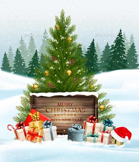 Holiday Christmas Background with Gift Boxes and Wooden Board - Christmas Seasons/Holidays