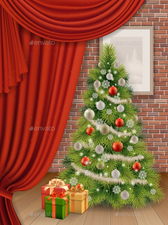 Christmas Interior with Tree and Red Curtain - Christmas Seasons/Holidays