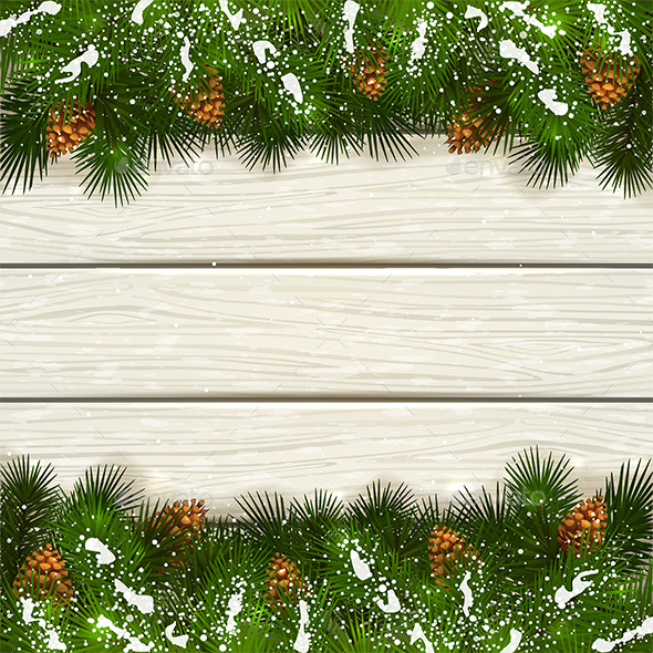 White Wooden Background with Christmas Fir Tree Branches and Snow - Christmas Seasons/Holidays