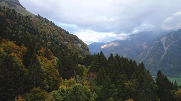 Aerial video of the Swiss Alps from Klausenpass, Switzerland during fall