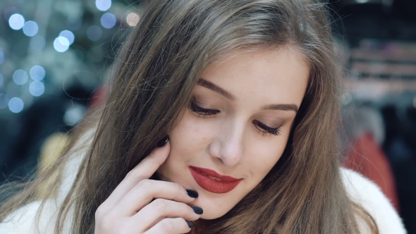 Happy Girl in Fur Coat in the Shop Slowly, Stock Footage | VideoHive