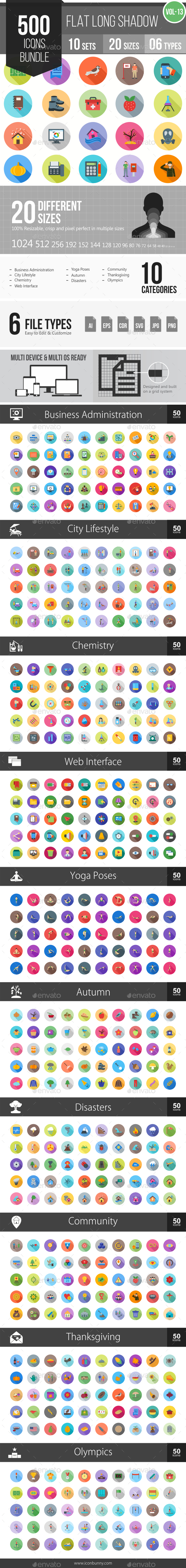 500 Vector Flat Shadowed Icons Bundle (Vol-13) - Icons