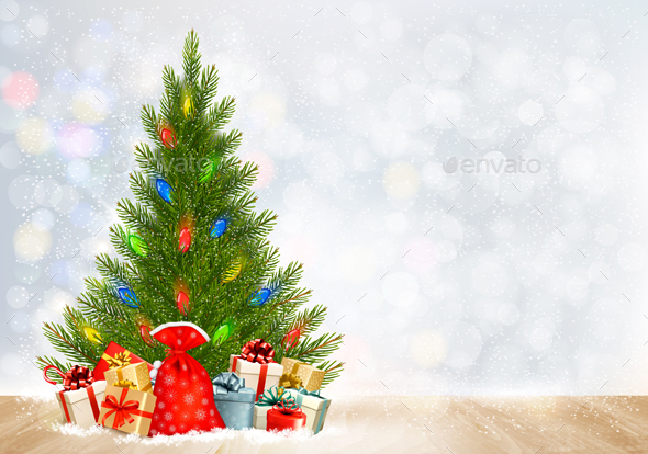Christmas Holiday Background with Presents and Tree - New Year Seasons/Holidays
