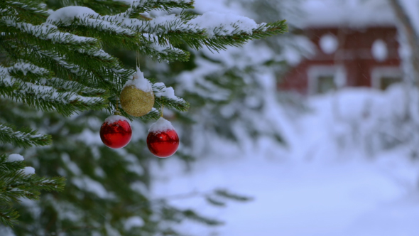 Snowfall and Christmas Balls on the Tree Near the House