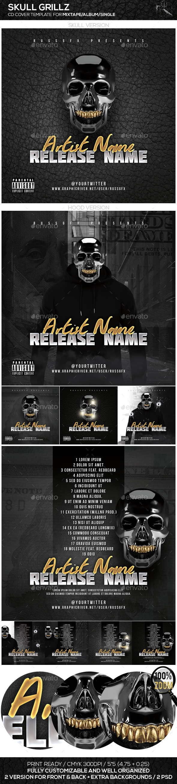 Skull Grillz PSD CD Mixtape Cover Template - CD & DVD Artwork Print Templates