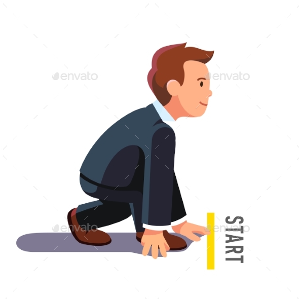 Business Man in Starting Position Ready to Run - Concepts Business