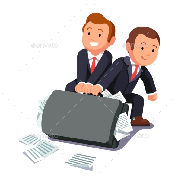 Two Lawyers Dragging Huge Briefcase Full of Papers - Concepts Business
