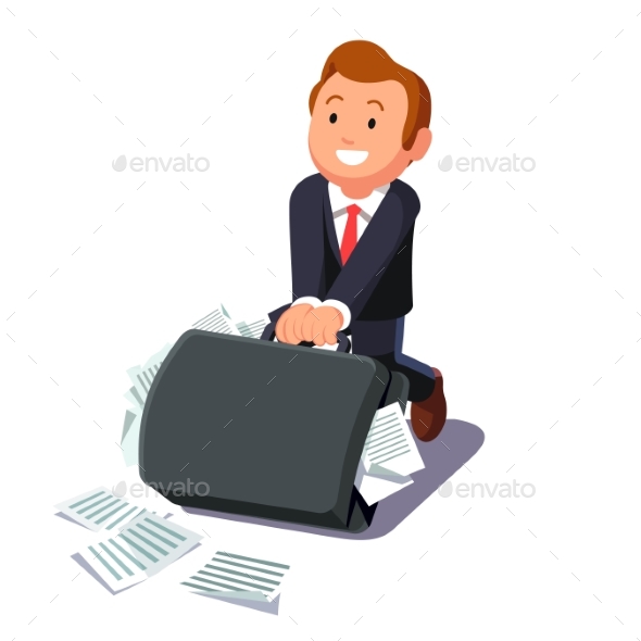 Businessman Dragging Huge Briefcase Full of Papers - Concepts Business