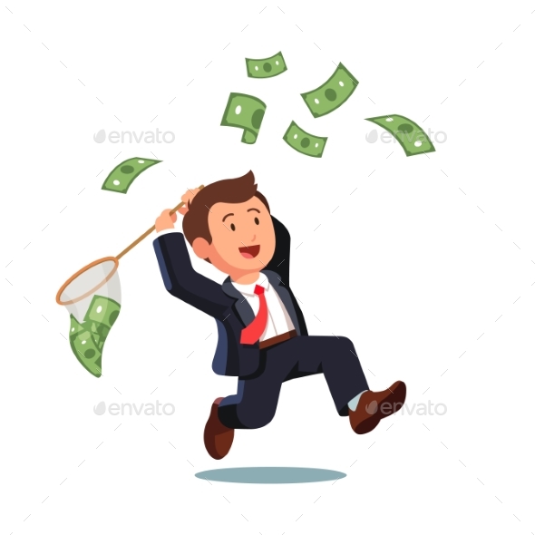 Businessman Trying To Catch Flying Money with Net - Concepts Business