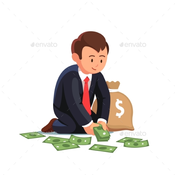 Sitting Businessman Collecting Cash From the Floor - Concepts Business