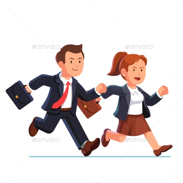 Business Woman and Man Running Fast Together - People Characters
