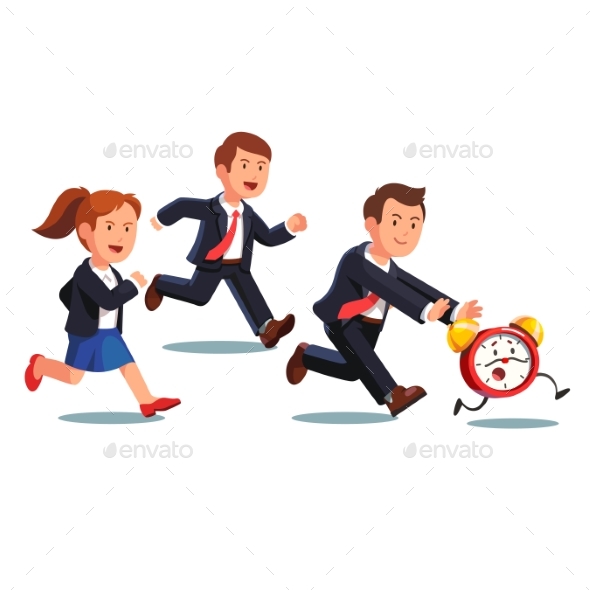 Late Business Man and Woman Chasing Deadline Time - Concepts Business