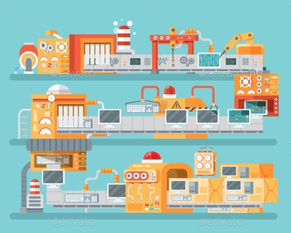 Vertical Illustration of Conveyor for Assembly - Computers Technology