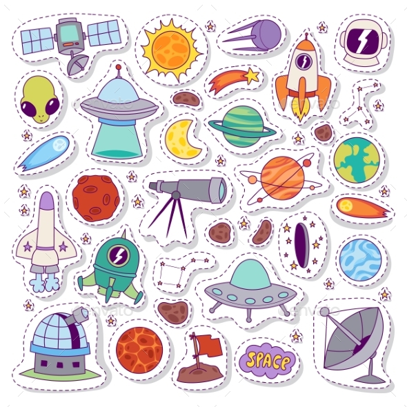 Solar System Astronomy Icons Stickers Vector Set - Backgrounds Decorative