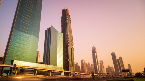 View of Skyscrapers at the Sheikh Zayed Road with Traffic in Dubai alt