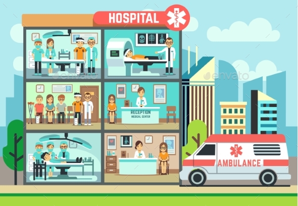 Hospital, Medical Clinic Building, Ambulance - Buildings Objects