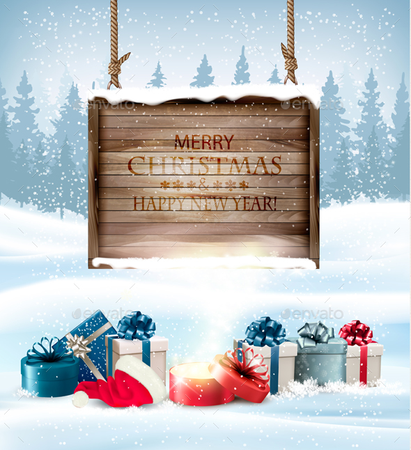 Christmas Background with a Retro Wooden Sign - Christmas Seasons/Holidays