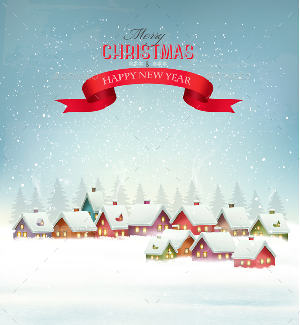 Winter Christmas Background with a Snowy Village Vector - Christmas Seasons/Holidays