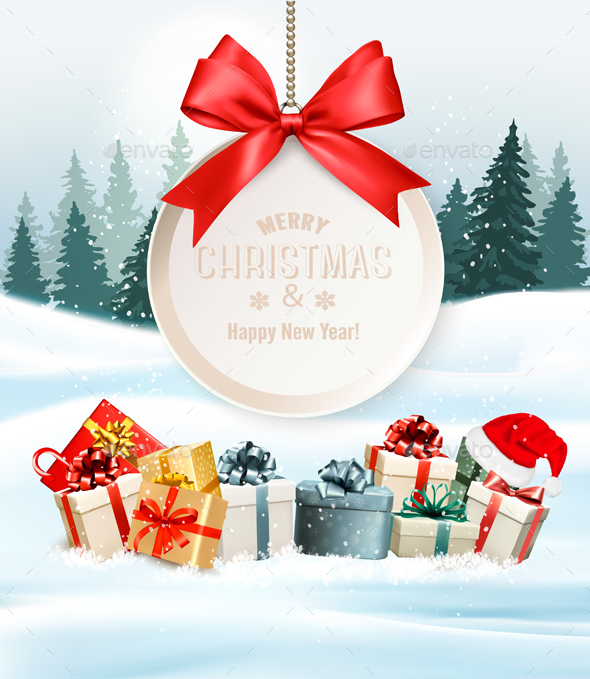 Christmas Presents With A Gift Card And Santa Hat Vector - Seasons/Holidays Conceptual