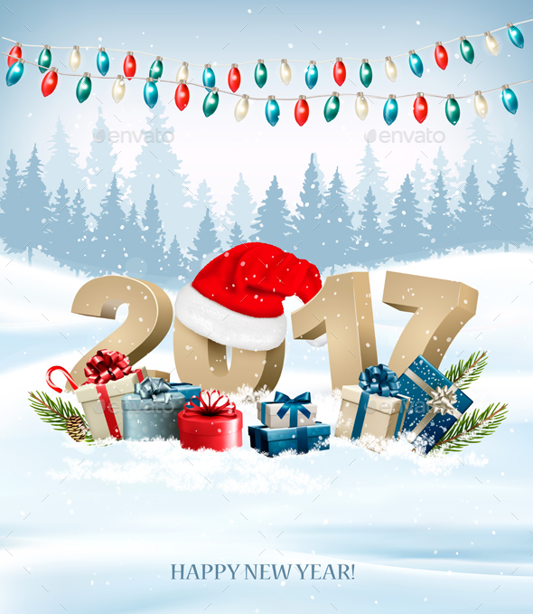 New Year Background With A 2017 And Santa Hat Vector - New Year Seasons/Holidays