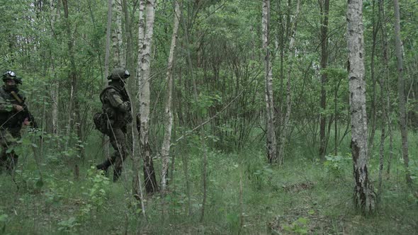 Soldiers in Camouflage with Assault Rifle Walking Through the Forest Military Action in the Woods alt