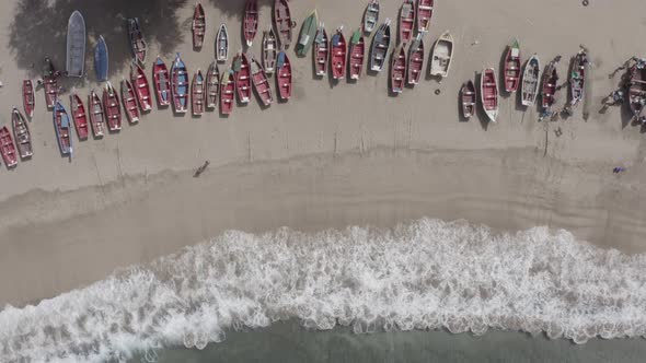 Ungraded Aerial view of fishing boats in Tarrafal beach in Santiago island in Cape Verde  Cabo Verde