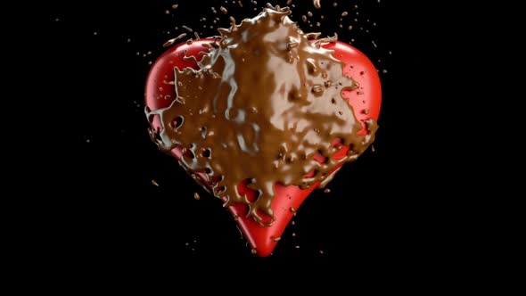Red heart shape and hot chocolate splashes, slow motion. Alpha matte