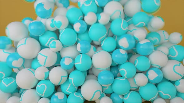 Falling pile of colorful white and blue ping pong balls alt