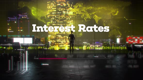 Finance Businessman in Office With Interest Rates Text alt