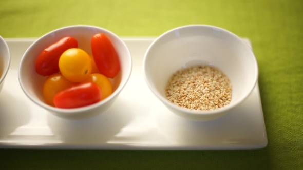 Ingredients for Pumpkin Salad, Tomatoes, Pumpkin, Sesame. Pumpkin Is Beautifully Laid Out on a