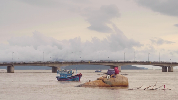Vietnamese Boat on a River at Sunset. Nha Trang, Vietnam Travel Landscape and Destinations alt