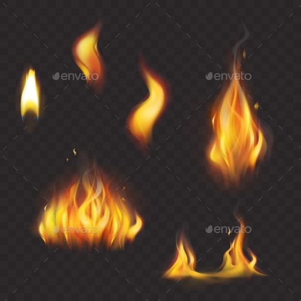 Set of Realistic Flame Tongues Isolated on a Dark - Objects Vectors