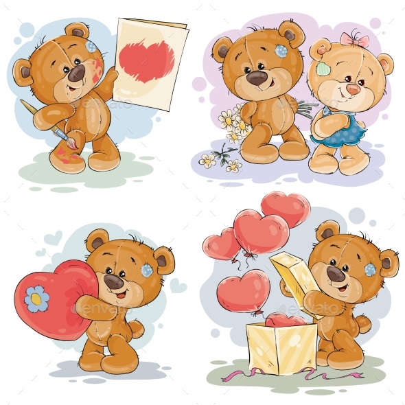 Set Vector Clip Art Illustrations of Teddy Bears - Animals Characters