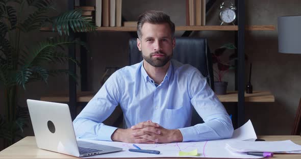 Portrait of Sincerely Smiling Young Handsome Caucasian Bearded Businessman Worker Employee alt