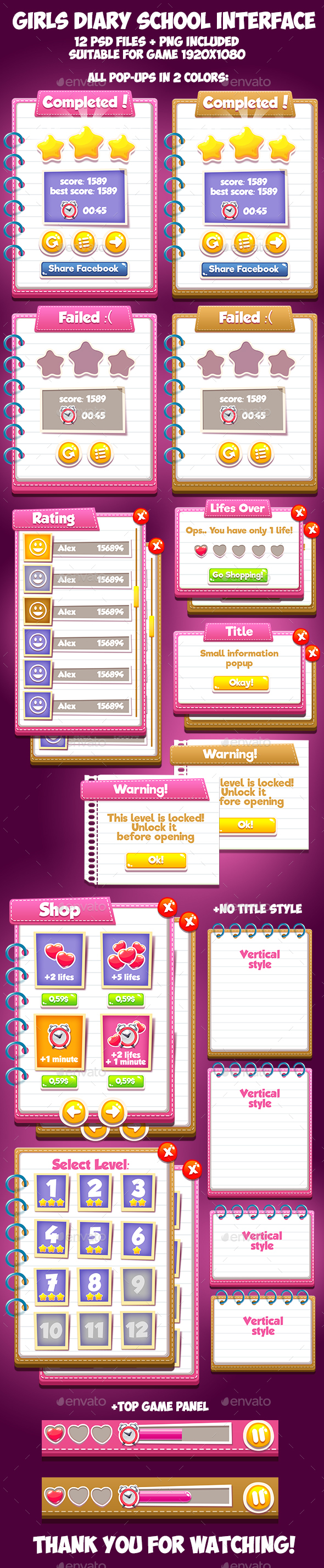 Girls Diary School GUI - User Interfaces Game Assets