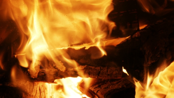 Burning Wood In The Fireplace 