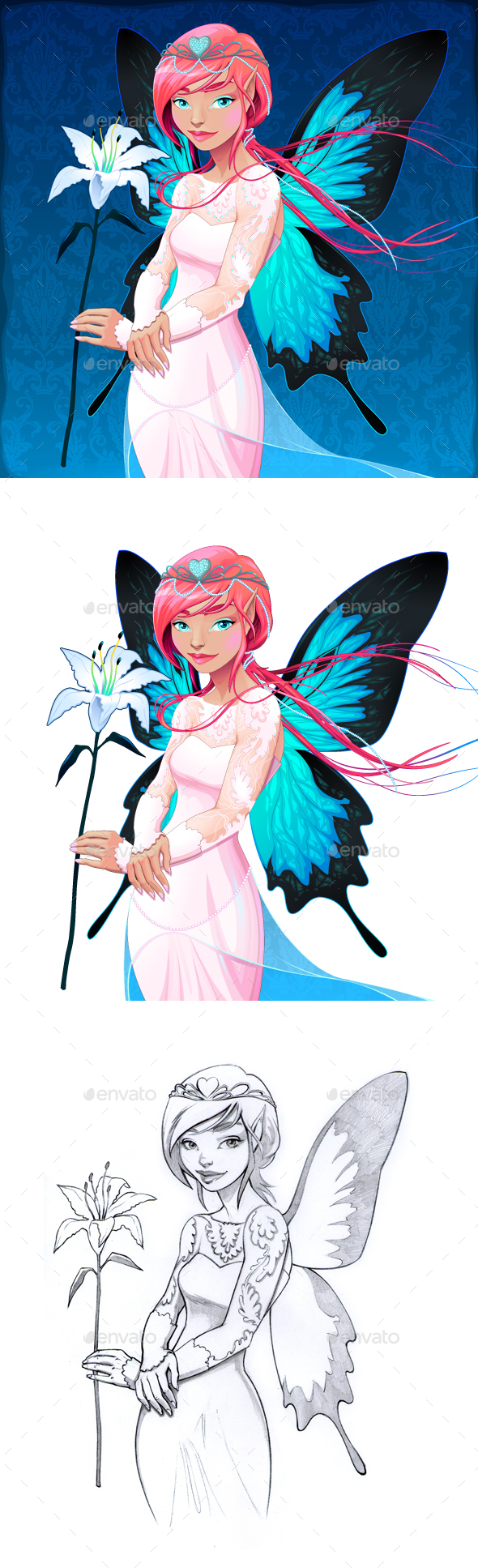 Portrait of a Young Fairy with a Wedding Dress and Lilium - Weddings Seasons/Holidays