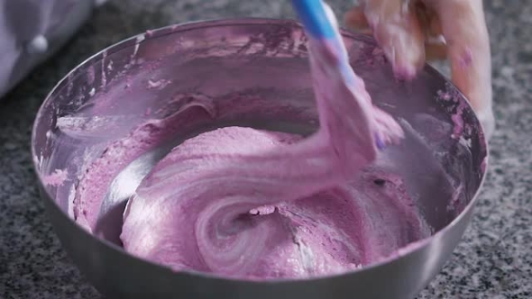 Confectioner Plastic Spatula Gently Stirs the Mixture for To Prepare Original Sweets alt