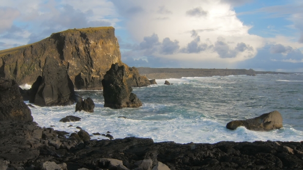 Basalt Cliffs Near From South-west Coastline of Iceland, Reykjanes Peninsula