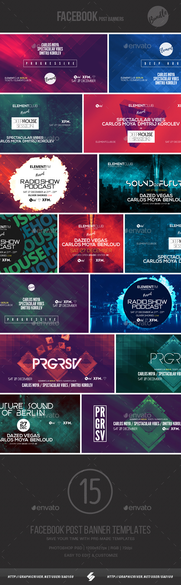 Electronic Music Event Facebook Post Banner Templates Bundle 2 - Social Media Web Elements