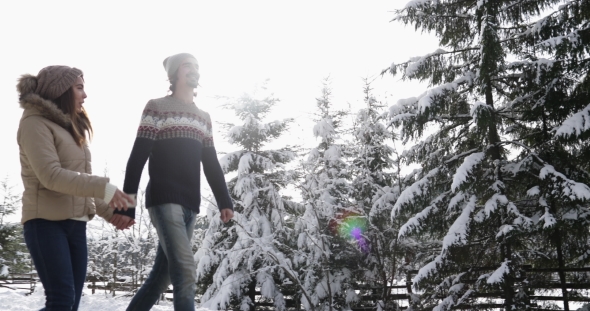 Couple Winter Snow Forest Road Walking Happy Smiling Man And Woman Holding Hands In Snowy Park