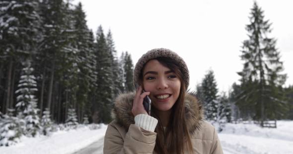 Asian Girl Winter Snow Forest Walk Young Woman Call Smart Phone Speak Happy Smile alt
