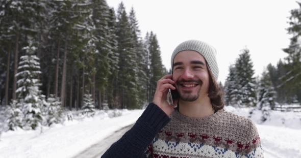 Man Winter Snow Forest Walk Young Guy Call Smart Phone Happy Smile